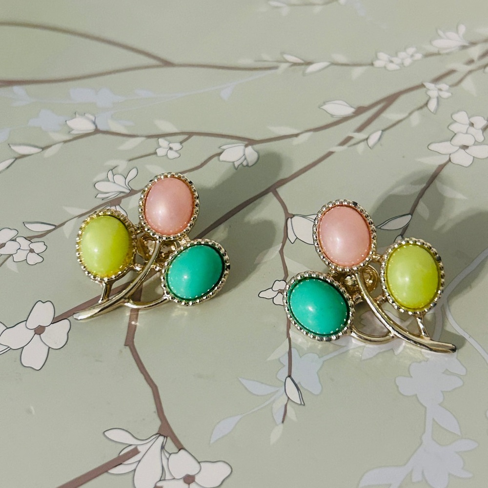 Vintage Gold Floral Cluster Earrings with Pink, Lime and Teal Cabochons